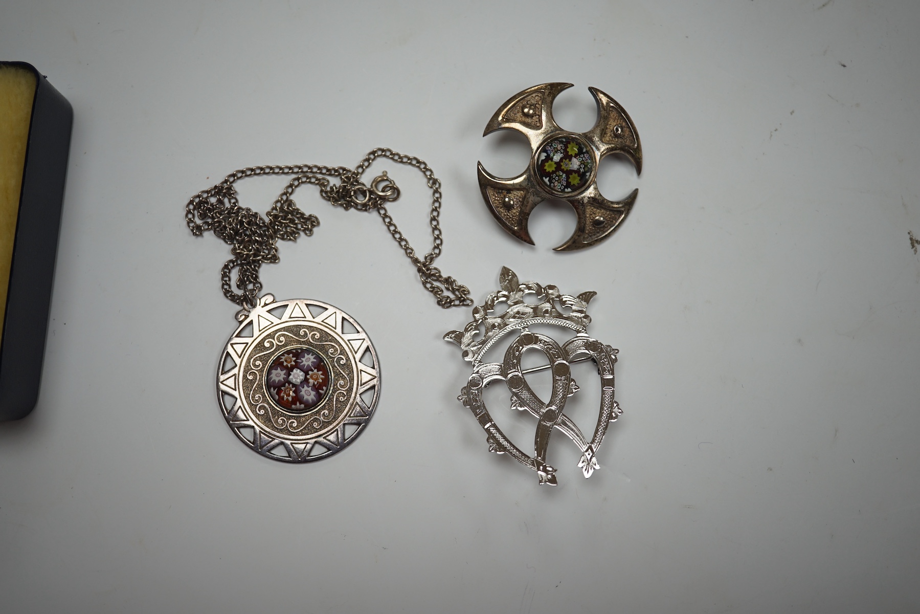 Two modern Caithness silver brooches/pendants, 39mm and 38mm and a silver cloak pin. Condition - good